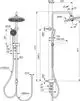 Duschsystem von Ideal Standard mit Kopfbrause und Handbrause. Darstellung der Maße und Anschlüsse auf technischen Zeichnungen.